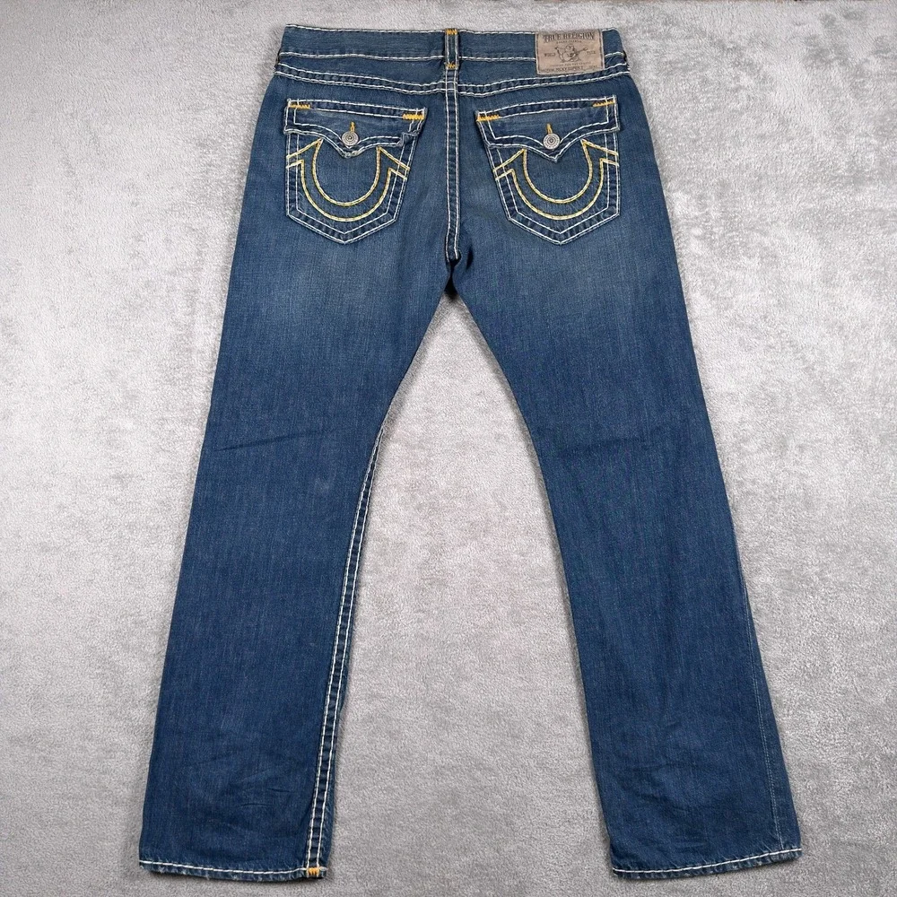 True Religion Jeans Mens 38x34 Ricky Super T Straight Leg Blue Distressed Denim